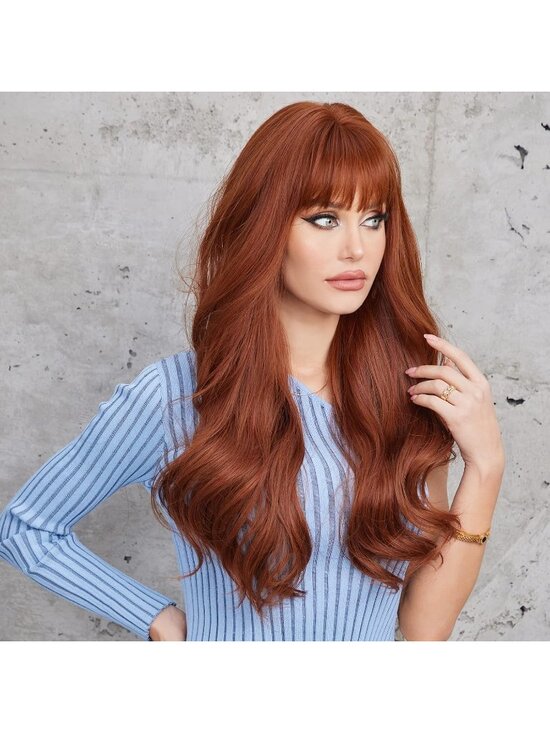 Women\'s Auburn Heat Resistant Long Curly Wavy Synthetic Wig with Bangs Size 26In main image 6